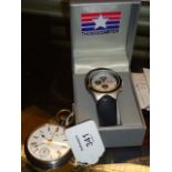 A gun metal cased crown wind fob watch, with alarm, together with a cased Thomas Carter