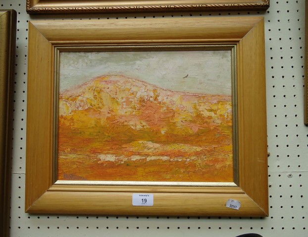 Wilson (20th century Zimbabwe) A mountainous savanna landscape with bird of prey impasto on board,