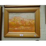 Wilson (20th century Zimbabwe) A mountainous savanna landscape with bird of prey impasto on board,