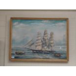 Oil on canvas, full masted sailing boat