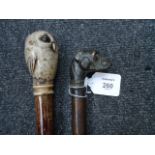 Two walking canes, one with dog handle, the other an owl