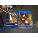A mixed lot of copper, brass and other items including post horn, table gong, biscuit box, lamp,
