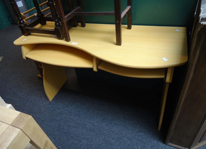 A veneered computer table, two footstools, an occasional table and two towel rails