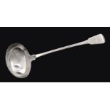 Sarah and John William Blake, a silver fiddle pattern soup ladle, with crest engraved terminal,
