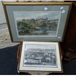 A 19th century engraving 'Birds-eye view of Exeter College, Oxford University' 25 x 35cm together