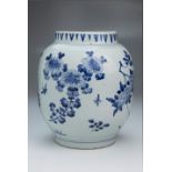 A Chinese transitional blue and white porcelain jar, with stiff collar and short foot ring,