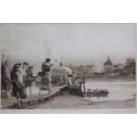 After Robert Walker MacBeth (Scottish 1848-1910) 'Too Late for The Ferry' an etching on vellum