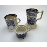 An early to mid 19th century blue and white mug, transfer decorated with an Indian sporting scene of