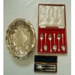 A composite silver knife, fork and spoon christening set, Kings pattern, the silver beaded knife and