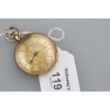 A Swiss gold open faced pocket keyless lever watch, the engine turned dial engraved with foliage,