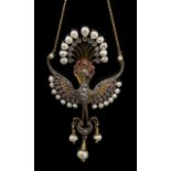 A multi-gem set phoenix pendant, the open winged bird with rose diamond set body, diamond,