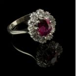 A ruby and diamond cluster ring, the oval cut ruby in raised claw mount, within a border of