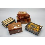 A late 19th century ebony, porcupine quill mounted box, a rosewood brass banded tea canister, a