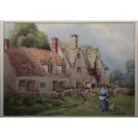 Q.E.M. Cliffe A lady and her infant gathering firewood in the garden of a stone cottage watercolour,