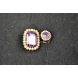 An early 19th century yellow metal double brooch set with amethyst and seed pearls, the larger