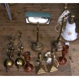 Two brass desk lamps, pair of wall brackets, two column table lamps, etc