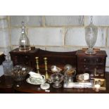 Selection of collectables, including glassware, brass candlesticks, etc.