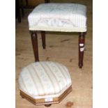 A mahogany stool on turned supports and a Victorian footstool with upholstered top