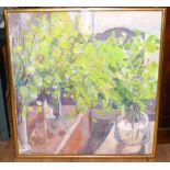 An oil on canvas by RICHARD ROBINS - impressionist picture of plants in vase - signed lower