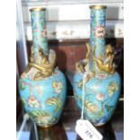 Pair of decorative 20cm high cloisonne vases with stylized Dragon mounts