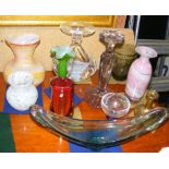 Collection of various glassware items, including candlestick, vases, etc.