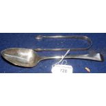 Georgian silver tablespoon - London 1812 and ditto sugar tongs - 1799 - both by the Bateman family