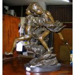 Bronze group of two boys running with a dog on marble plinth - 31cm high