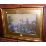 MILTON DRINKWATER - watercolour - "Durham Cathedral on the Tees" - 35cm x 50cm