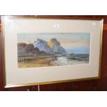 GEORGE LENNARD LEWIS - watercolour of coastal scene with boats and castle - 23cm x 52cm