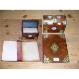 A turquoise and brass embellished walnut stationery box and the matching blotter