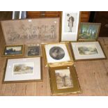 A collection of nine assorted watercolours, pastels and prints (framed and glazed)