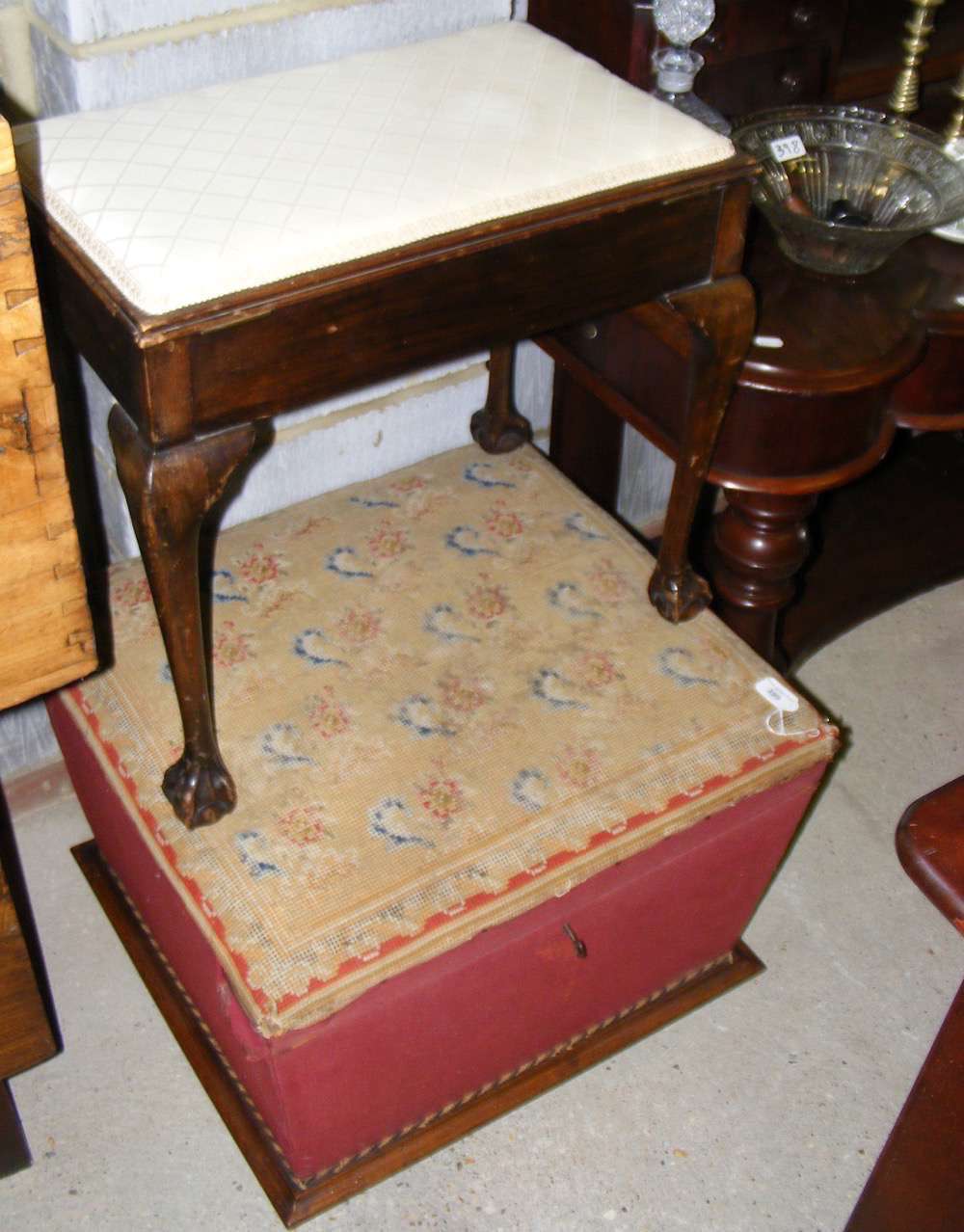 A Victorian storage box/stool with embroidered top, together with a piano stool