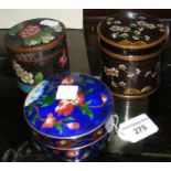 Three circular cloisonne pots and covers