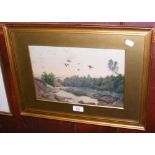 W. JONES - watercolour - partridges flying over a river - signed and dated 1895 - 21cm x 32cm