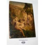A small oil painting on panel - classical scene of nude ladies dancing in forest - 14.5cm x 10cm