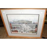 L.S. LOWRY - 43cm x 52cm coloured print - Station Approach - signed in pencil by the Artist