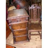 A Victorian "pussy" oak four tier whatnot and a carved oak side chair