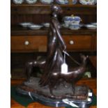 Bronze figure of Art Deco style lady walking two dogs - 49cm high on marble plinth