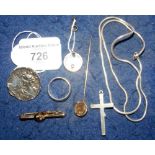 A 9ct gold brooch, silver button 1901, miniature padlock, stickpin, etc.