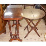 A rosewood stretcher table and an oak folding coach table