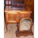A Victorian toilet mirror, small cupboard and a wooden box