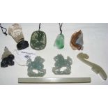 Selection of jade carvings, rock salt scent bottle, etc.