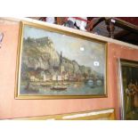 GEORGE HODGSON - 29cm x 49cm - oil on canvas - River Rhine scene with village and bridge - signed