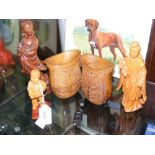 Six carved Chinese figures and pots