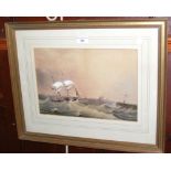 ENGLISH SCHOOL - watercolour of sailing vessels in heavy seas off harbour - 24cm x 35cm