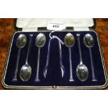 A set of six silver coffee spoons with matching sugar tongs - Sheffield marks