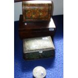 Mahogany box, biscuit tin, etc