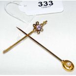 Gold brooch, together with a pearl mounted tie pin