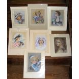 P. ROBINS - seven period Art Deco pastel portraits of ladies - various sizes in card mounts