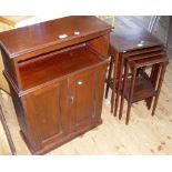 A mahogany side cabinet with hinged top and a quartetto of inlaid mahogany occasional tables